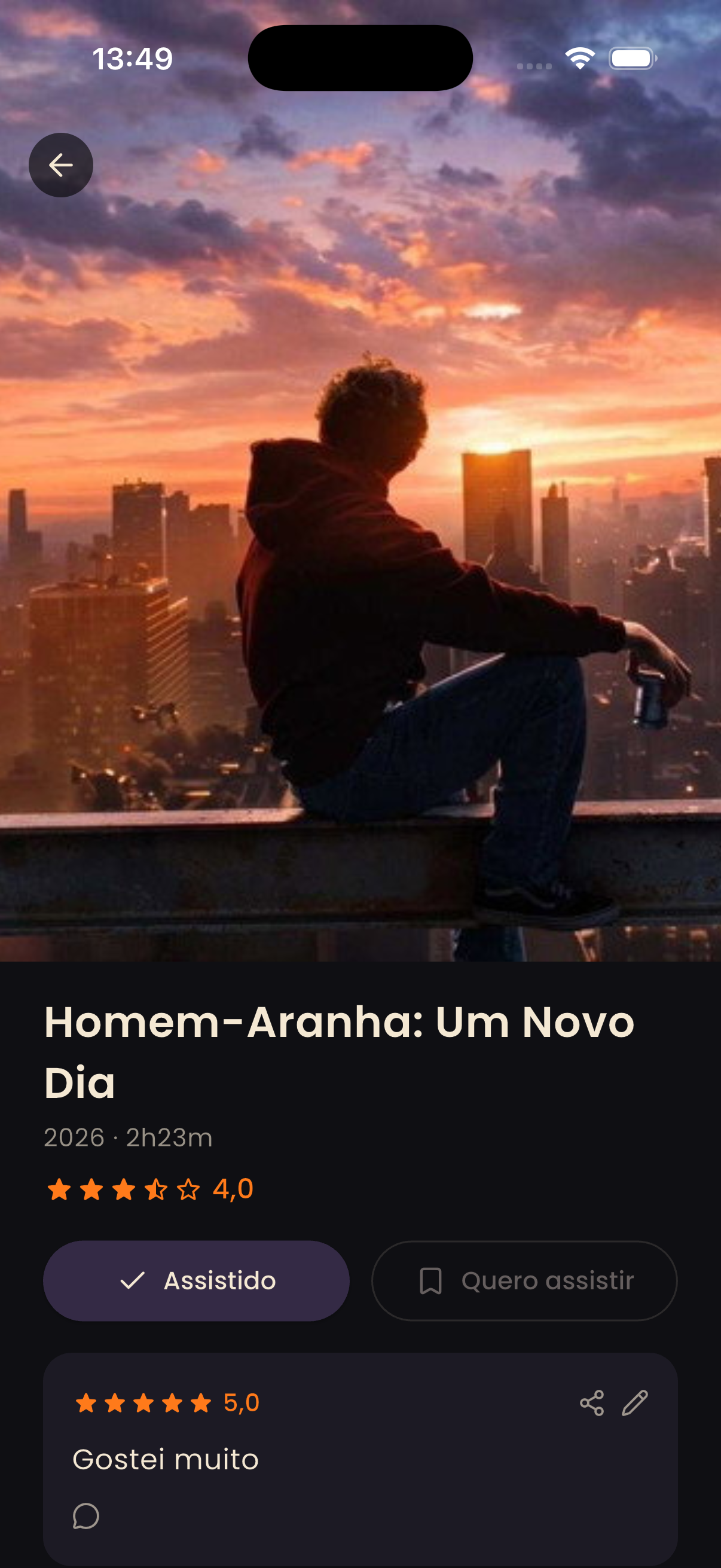 Ficha de filme com nota e ação de já assisti