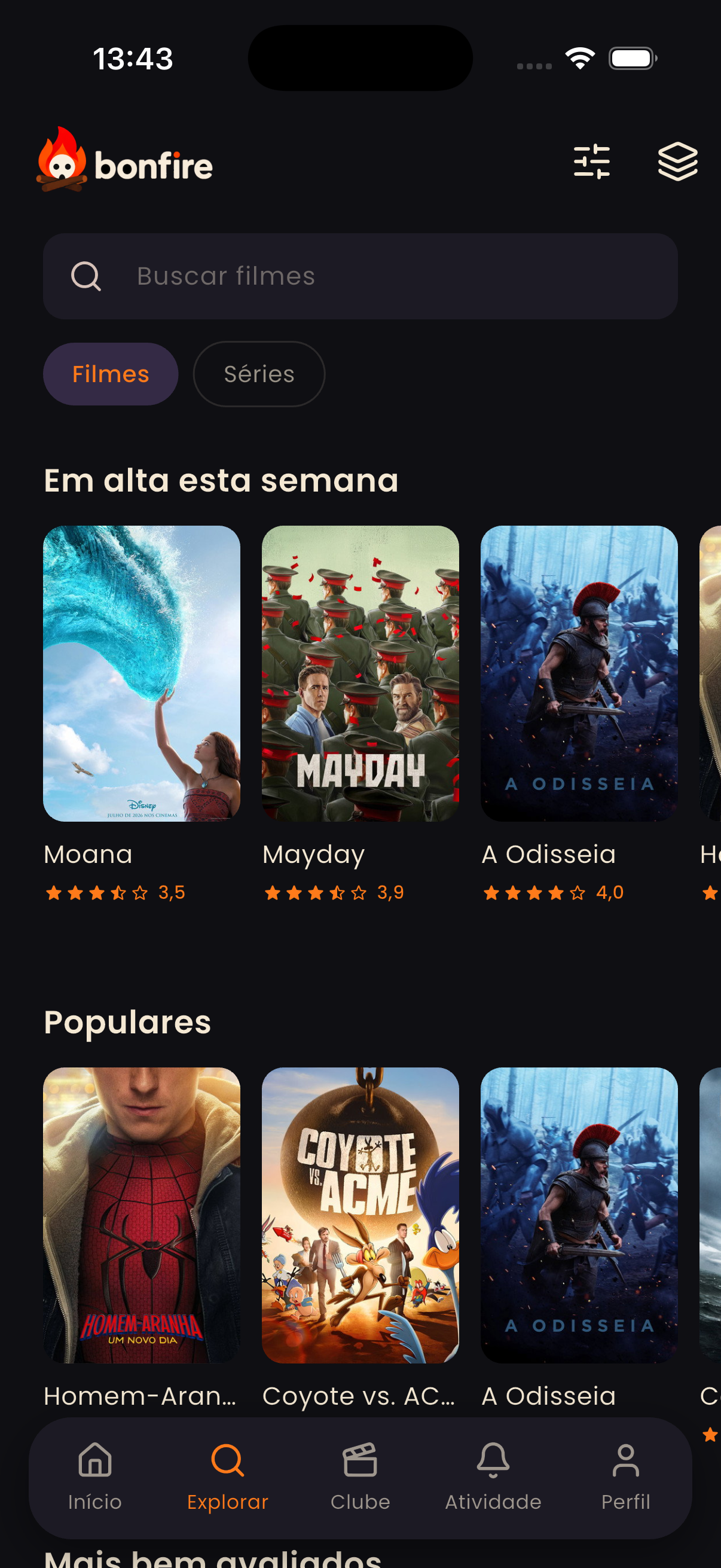 Tela de explorar do Bonfire, com filmes em alta e populares
