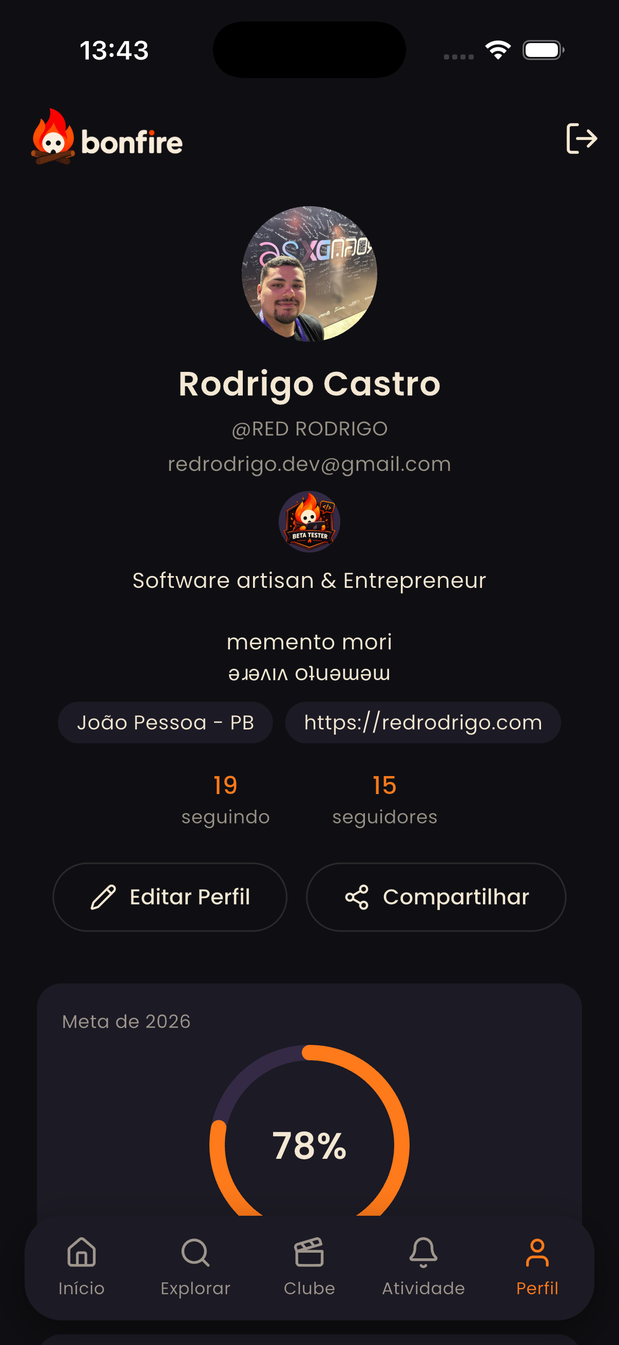 Perfil do Bonfire, com meta anual e gêneros favoritos